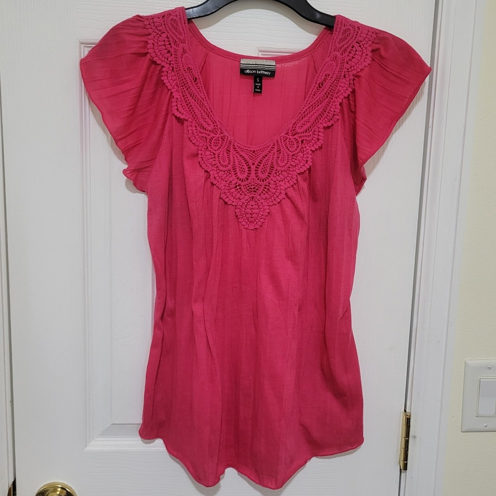 Allison Brittney Pink Flutter Sleeve Crochet Lace V-Neck Blouse Top Small